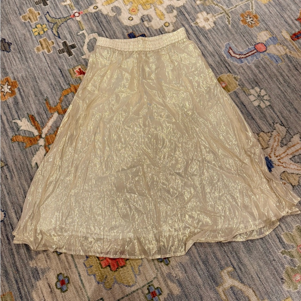 Laroque Metallic Midi Gold Crinkle Midi Skirt Elastic Waist Medium Silk Blend